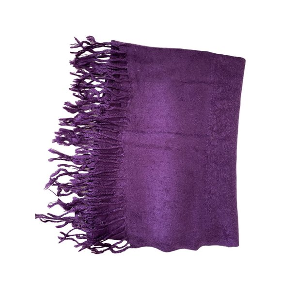 Silk and Cashmere Paisley Print Fringe Long Wrap Scarf Shawl Purple - Picture 2 of 5